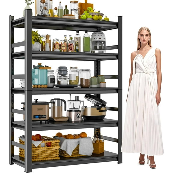 Kitchen Storage Shelves, 72" H × 48" W Heavy Duty Shelving Unit, 5-Tier Adjustable Pantry Shelf, Food and Beverage Storage Shelves, Durable Metal Shelving, Appliance Storage, Black