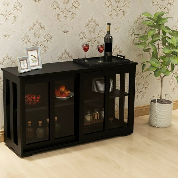 Kitchen Storage Stand Cupboard With Glass Door - Black. E1 Grade Board Construction For Stability. Large Space Two Sliding Doors And Adjustable Shelves. Non-slip Bottom. Easy To Assemble Black
