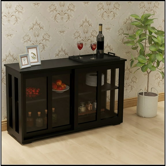 Kitchen Storage Stand Cupboard With Glass Door-Black