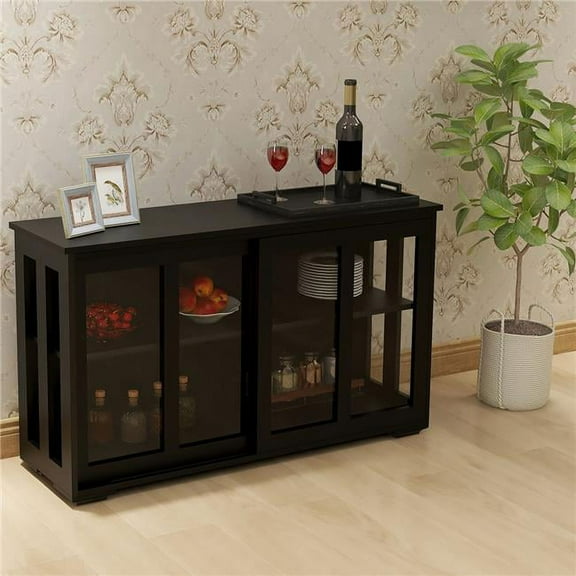 Kitchen Storage Stand Cupboard with Glass Door, Black