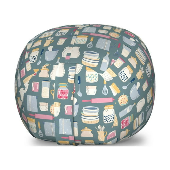 Kitchen Storage Toy Bag Chair, Modern Cooking Utensils Dishes Plates on Muted Backdrop Print, Stuffed Animal Organizer Washable Bag, Large Size, Multicolor, by Ambesonne