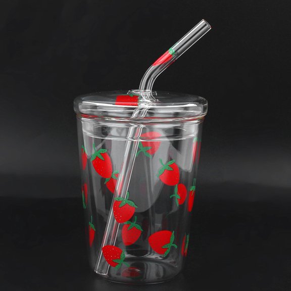 Kitchen Storage Water Heat resisting Clear Strawberry Pattern Coffee Juice Drinking Water Glass Cup with Straw Lid