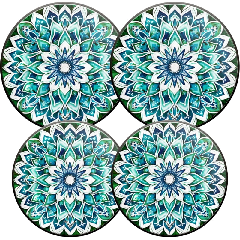 Kitchen Stove Burner Covers for Electric Stove, Teal and White Floral Mandala Pattern 4 Pack Round Oven Burner Covers for Kitchen, 8 Inches and 10 Inches