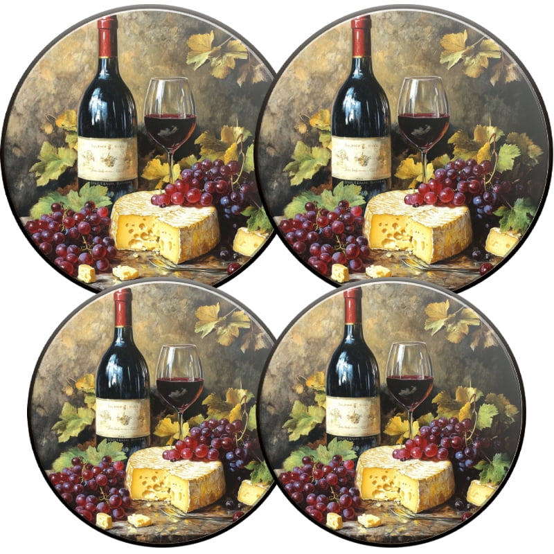 Kitchen Stove Burner Covers for Electric Stove, Wine Bottle and Grapes Cheese 4 Pack Round Oven Burner Covers for Kitchen, 8 Inches and 10 Inches