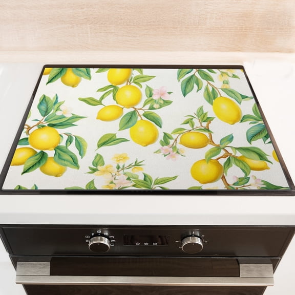 Kitchen Stove Cover, Lemon With Flowers, Premium Glass Countertop Protector, Glass Induction Cooktop Protector mat, Non-slip Foldable Decoration pad, RV Stove Cover (2820 Inch)