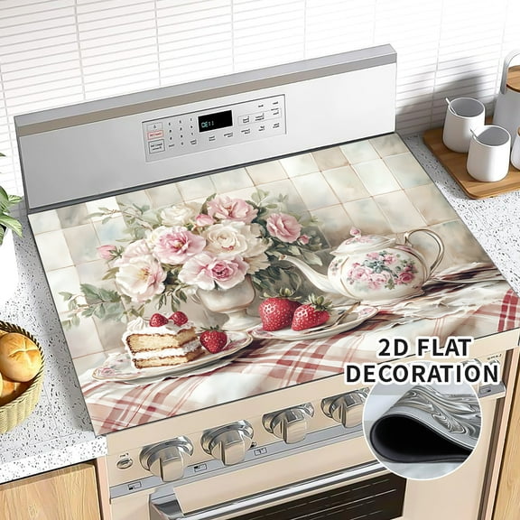 Kitchen Stove Top Cover Retro Floral & Strawberry Design Gas Stove Top Cover for Home Decoration Kitchen Pad Non-Stick Washable Cooktop Covers Countertop Protector Keep Stove Clean Mat