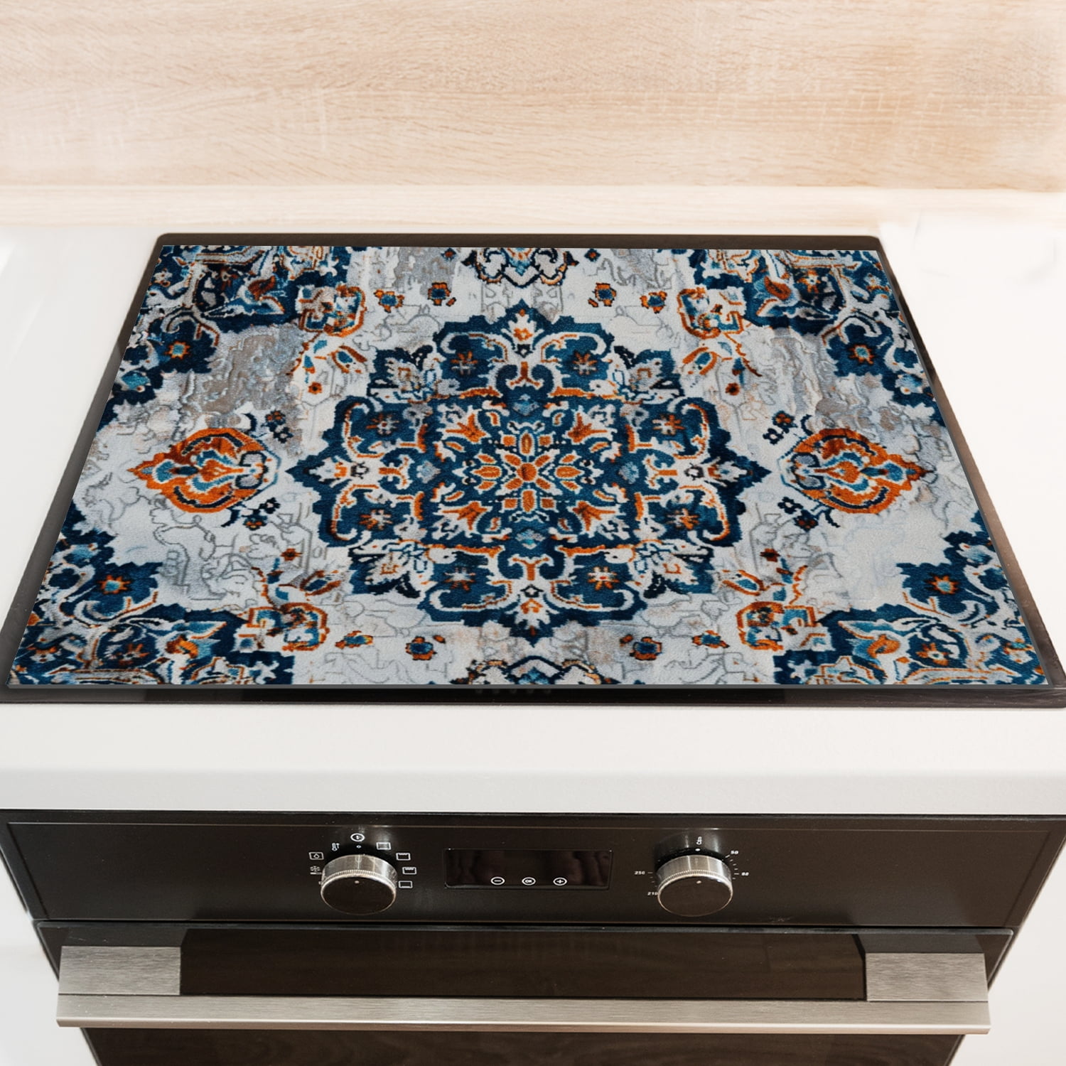 Kitchen Stove Top Covers, Vintage Bohemia Mandala Flower Print Glass Heat Resistant Non-Slip Stovetop Protector Mat, Square Washable Foldable Pad for Kitchen RV (28×20 Inch)