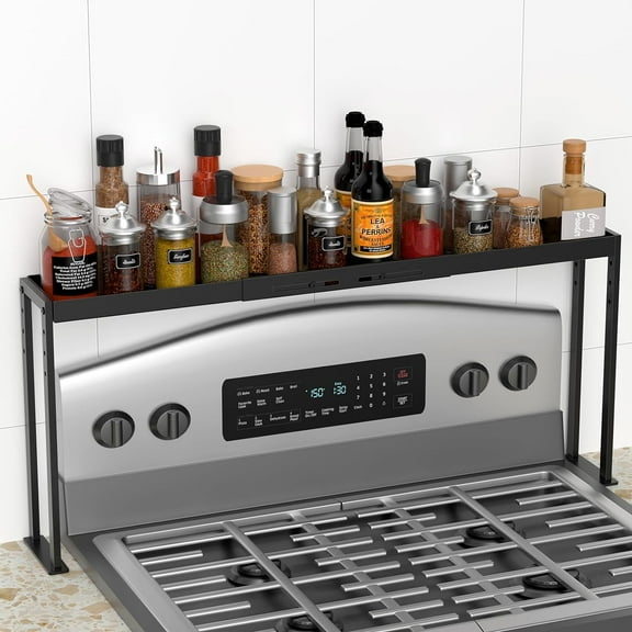Kitchen Stove Top Shelf, Over Spice Rack Shelf for Stove, Stainless Steel Stove Top Spice Rack, Adjustable 27-33inch, Kitchen Spice Organizer, Condiments and BBQ Sauces, Black