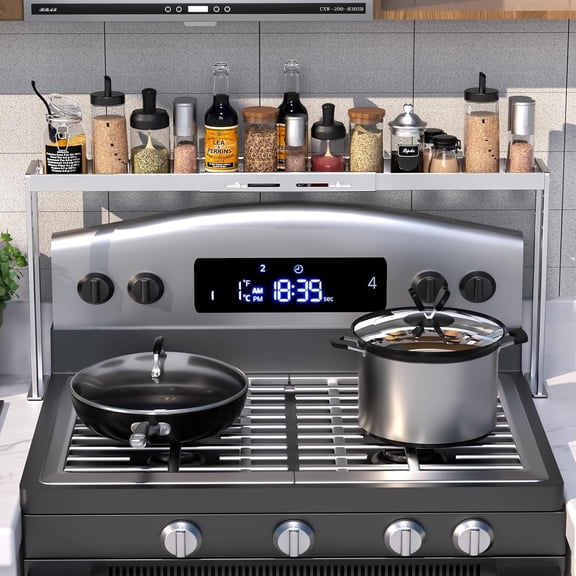 Kitchen Stove Top Shelf, Over Spice Rack Shelf for Stove, Stainless Steel Stove Top Spice Rack, Adjustable 27-33inch, Kitchen Spice Organizer, Condiments and BBQ Sauces