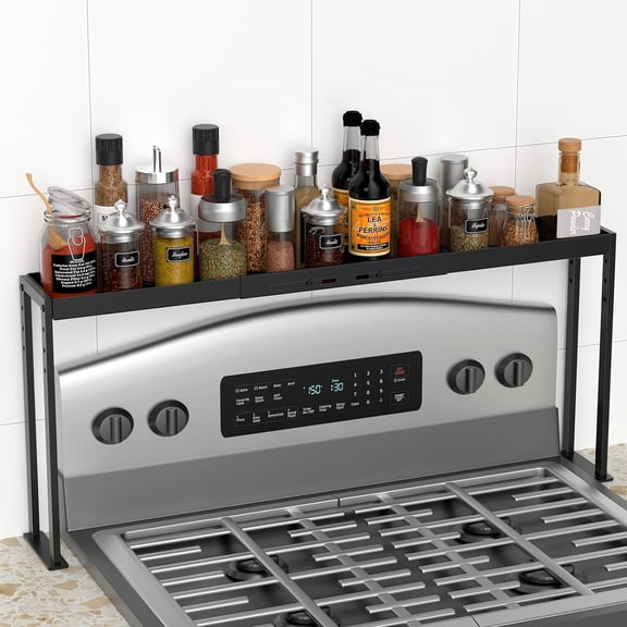 Kitchen Stove Top Shelf, Over Spice Rack Shelf for Stove, Stainless Steel Stove Top Spice Rack, Adjustable 27-33inch, Kitchen Spice Organizer, Condiments and BBQ Sauces, Black