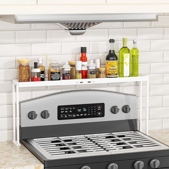 Kitchen Stove Top Shelf, Over Spice Rack Shelf for Stove, Stainless Steel Stove Top Spice Rack, Adjustable 27-33inch, Kitchen Spice Organizer, Condiments and BBQ Sauces,White