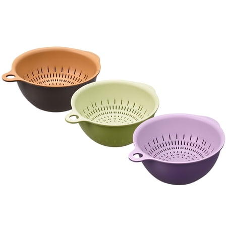 Unique Bargains Kitchen Food Strainer Colander Bowl Set 3 Pcs Small Double Layer Basket Purple, Green, Brown