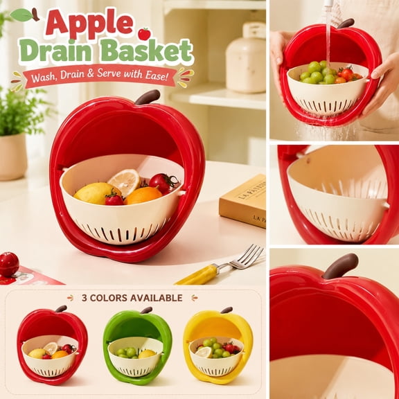 Kitchen Strainer, Fruit Washing Sculpted Piece with Strainer, Tiered Fruit Basket for Countertop, Fruit Basket for Kitchen Counter, Cute Apple Shaped Yellow Double Layer 8X8X3.5