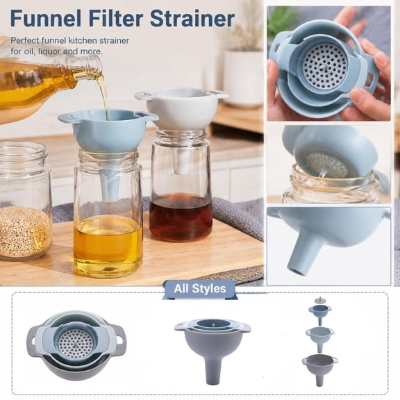 Kitchen Strainer and Funnel Set, 4 in 1 Nesting Plastic Funnel Set, Grade Bpa Free Silicone-Free Strainer with Handle, Mesh Strainer for Oil Pouring Jar Filling and Powder