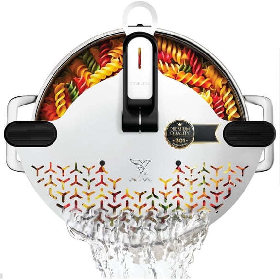 Kitchen Strainer & Pot Drainer Clip- Stainless Steel Colander for Pots & Pans (6.5-9.5 in / 16-24 cm) | Universal Fit Pasta & Noodle Strainer | Hands-Free  Design, Dishwasher-Safe