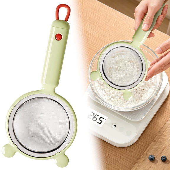 Kitchen Strainer Sieve, Fine Mesh Strainer with Cat Ear Pot Hook Design, Stainless Steel Mesh Filter with Handle for Flour, Juice, Soy Milk, Purees, Pasta and Cooking, Green