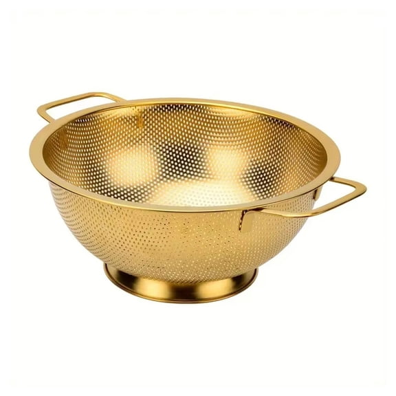 Kitchen Strainer, Stainless Steel Colander with Handle for Fruits Vegetables Cooking Food, Dishwasher Safe (Gold)