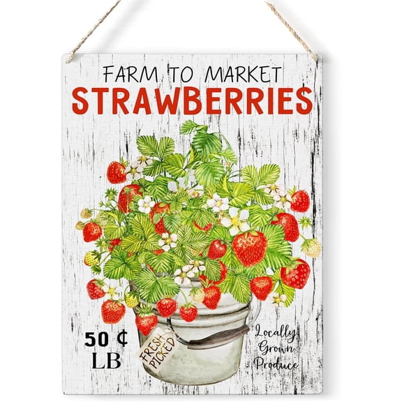 Kitchen Strawberry Wood Sign Strawberries Market Wooden Signs Rustic Summer Hanging Plaque Home Wall Art 8x10 Sign Wall Decor for Home Farmhouse