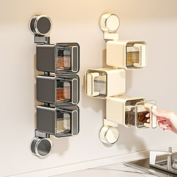 Kitchen Suction Cup Rotating Seasoning Box Set | Wall Mounted Sealed Spice Jar Organizer | 360° Rotating Plastic Storage | Gray White | 16.14x5.31x3.35in | 1 Pack