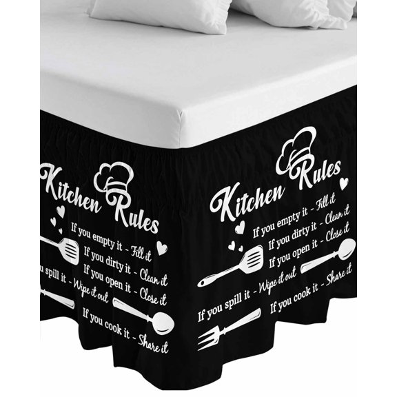 Kitchen Supplies Wrap Around Bed Skirts for Queen Bed 16" Drop, Bed Skirt with Adjustable Elastic Belt Dust Ruffle Bed Valance for Bedroom Hotel Luxury Black White Chef Hat Love Heart Bed Frame Cover