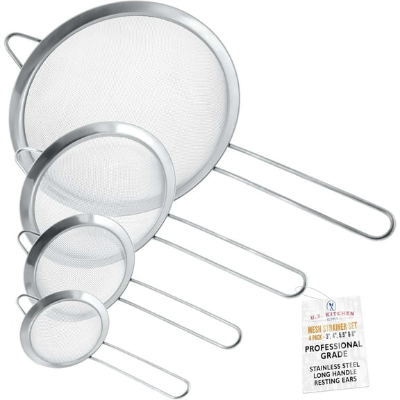 Kitchen Supply Set of 4 Fine Mesh Stainless Steel Strainers with Wide Ear Design, 3", 4", 5.5", 8"Mesh Strainers for Kitchen