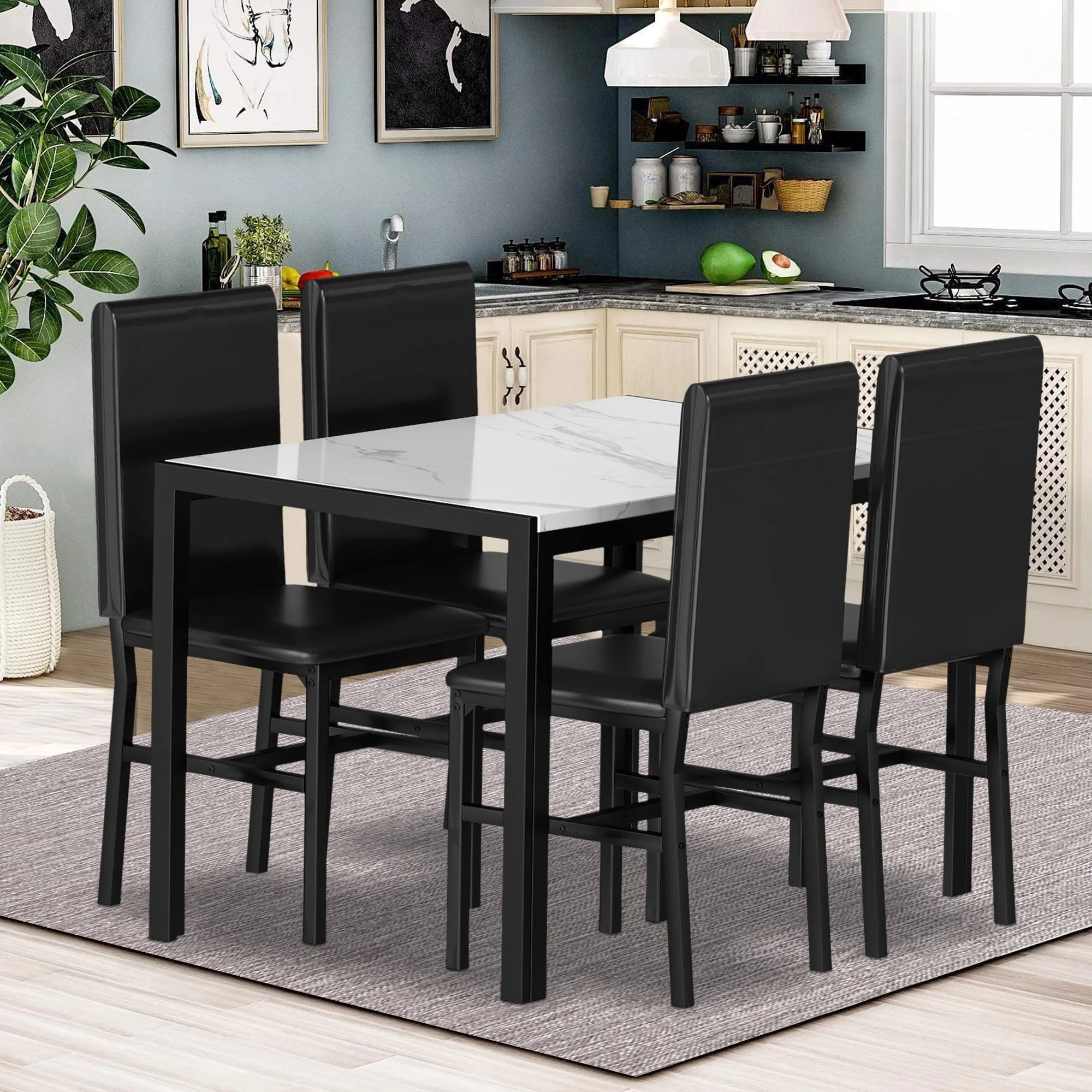 SS1268 4-Piece Dinette Set, Faux Marble Kitchen Table with Metal Legs, Black Finish Frame ...