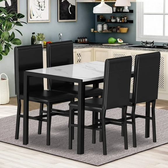 Kitchen Table and 4 Chairs Set, Metal Kitchen Table Sets Faux Marble Rectangular Breakfast Table w/Metal Legs & Black Finish Frame, Dining Table Sets for an Apartment Breakfast, SS1268