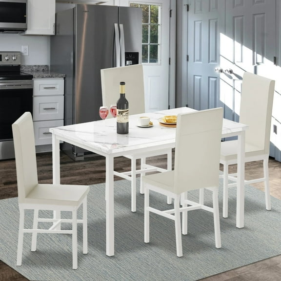 Kitchen Table and 4 Chairs Set, Metal Kitchen Table Sets Faux Marble Rectangular Breakfast Table w/Metal Legs & White Finish Frame, Dining Table Sets for an Apartment Breakfast, S12528