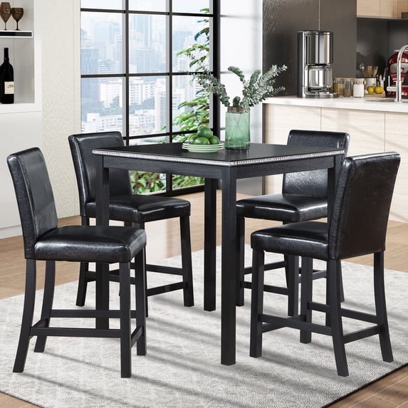 UHOMEPRO Dining Table Set for 4, Counter Height Dining Table and Chair Set, Square Wooden Table with 4 Upholstered Chairs and Crystal Decoration, Kitchen and Dining Room, Black