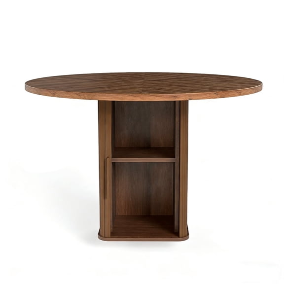 Kitchen Table, 47" Round Dining Table with Storage Drawer, Mid-Century Modern Walnut Finish, 300 lbs Capacity, Sturdy Cylindrical Base for Family Dining