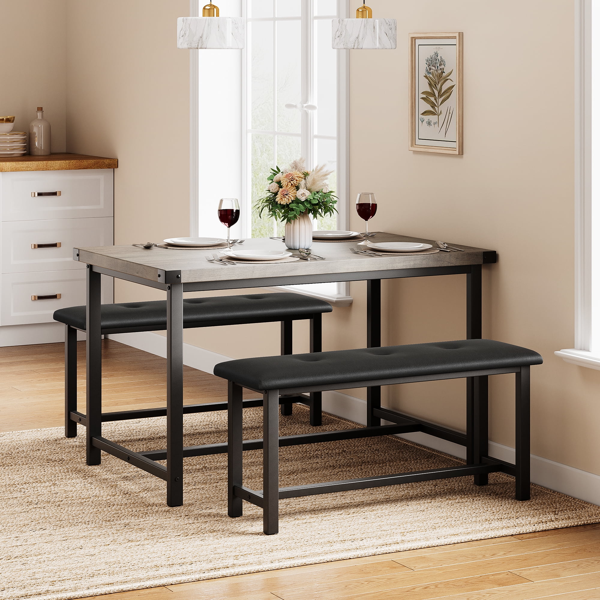 Kitchen Table with Benches, Dining Table Set for 4, Rectangular Dining ...