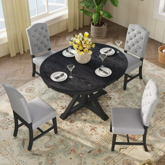 Kitchen Table Chair Set, Set of 5, Round Table Convertible to Oval Shape Table with Center Shelf, Functional Table Set with 1 Table and 4 Upholstered Tufted Back Chairs for Dining Room, Espresso