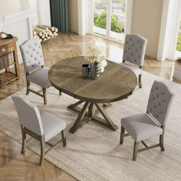 5 Piece Dining Dinette Set Convertible Round to Oval Table with Shelf 4 Upholstered Tufted Chairs Natural Finish Walmart