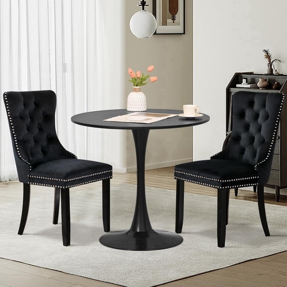 Kitchen Table and Chairs for 2, 31.5" Dining Table Set for 2 with Velvet Upholstered Chairs, 3 Piece Round Kitchen Table Set, Dining Room Table Set for Small Space, Apartment, Black/Black