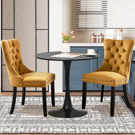 Kitchen Table and Chairs for 2, 31.5" Dining Table Set for 2 with Velvet Upholstered Chairs, 3 Piece Round Kitchen Table Set, Dining Room Table Set for Small Space, Apartment, Gold/Black
