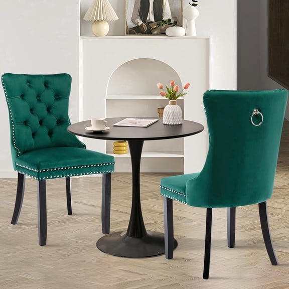 Kitchen Table and Chairs for 2, 31.5" Dining Table Set for 2 with Velvet Upholstered Chairs, 3 Piece Round Kitchen Table Set, Dining Room Table Set for Small Space, Apartment, Green/Black