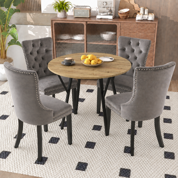 Kitchen Table and Chairs for 4, 35.43" Round Kitchen Table with 4 Velvet Upholstered Chairs, Modern Dining Room Furniture Set for Small Spaces, Apartment, Kitchen