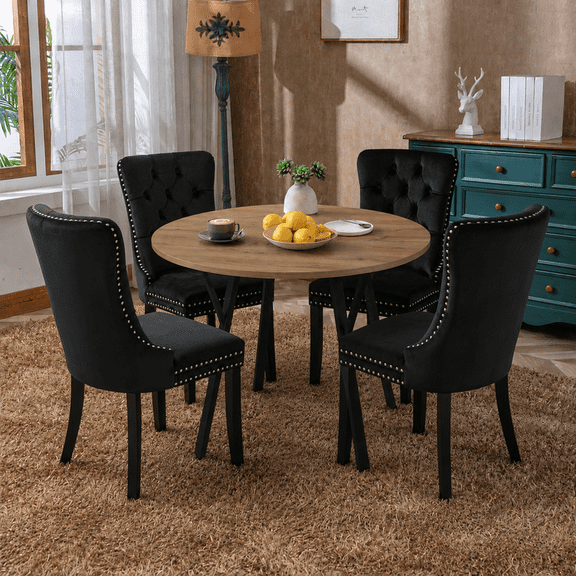 Kitchen Table and Chairs for 4, 35.43" Round Kitchen Table with 4 Velvet Upholstered Chairs, Modern Dining Room Furniture Set for Small Spaces, Apartment, Kitchen