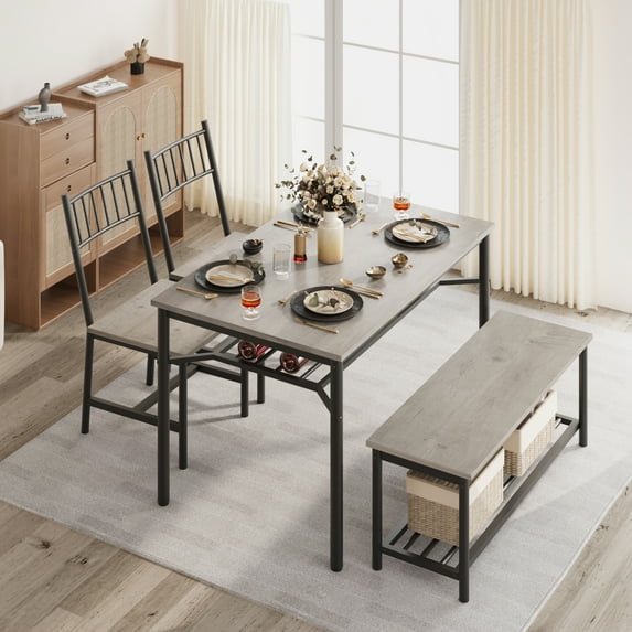 Kitchen Table and Chairs for 4 , Dining Table Set with Wine Rack, Kitchen Table Set with Storage Bench, Dining Room Table Set for Small Space, Apartment, Rustic Brown