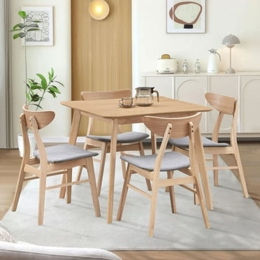 Kitchen Table and Chairs for 4, Wooden Dining Table Set, Square Kitchen Table and 4 Fabric Upholstered Dining Chairs for Dining Room, Kitchen, Saving Space, Oak