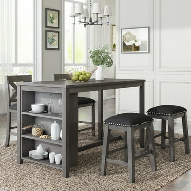 Kitchen Table Chairs Set, Dining Table Set for 4 with Upholstered Chairs and Storage Shelf, Rectangular Kitchen Table Dining Room Table Chair for Kitchen Dinner Room Home Improvement, Grey