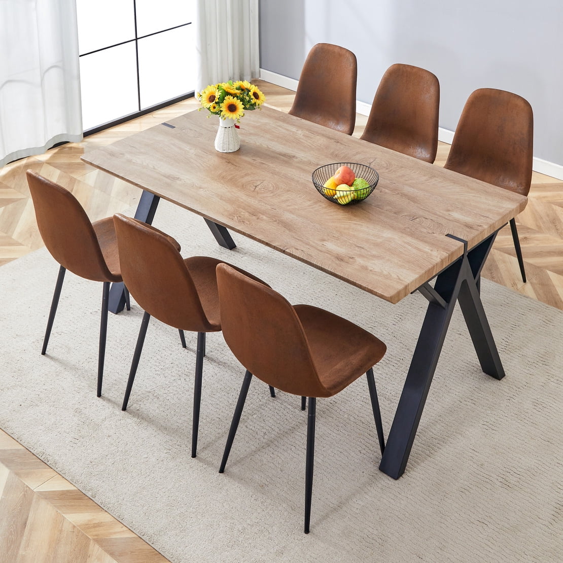 Kitchen Table Chairs Set, Wood-Textured MDF Dining Room Table with 6 ...