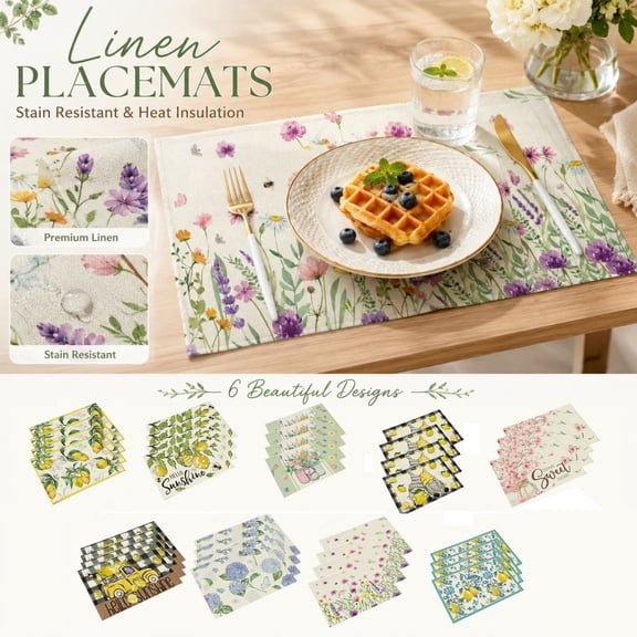 Kitchen Table Decor Mats, Table Placemats Set of 4 for Kitchen and Dining, Summer Decorations Floral Blue Placemats Set of 4, Dining Room Table Decor Linen Washable Table Mats Set