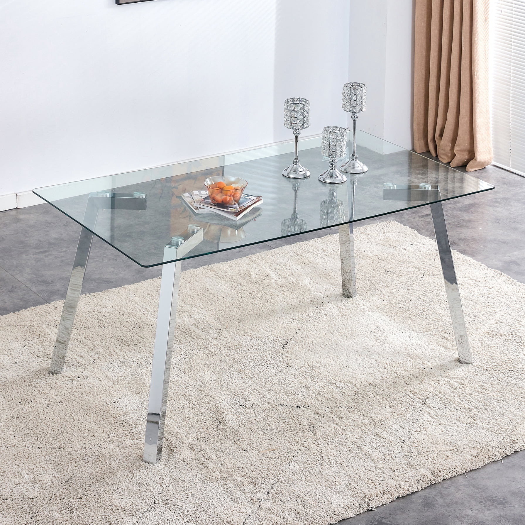 Kitchen Table, Glass Dining Table, Tempered Glass Tabletop with Silver ...