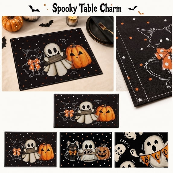 Kitchen & Table Linens, Halloween Ghost Decorations, Halloween Cat Decor, Pumpkin Table Decor, Waterproof Heat Insulating Linen Halloween Placemats 16X12 Inch to Match Your