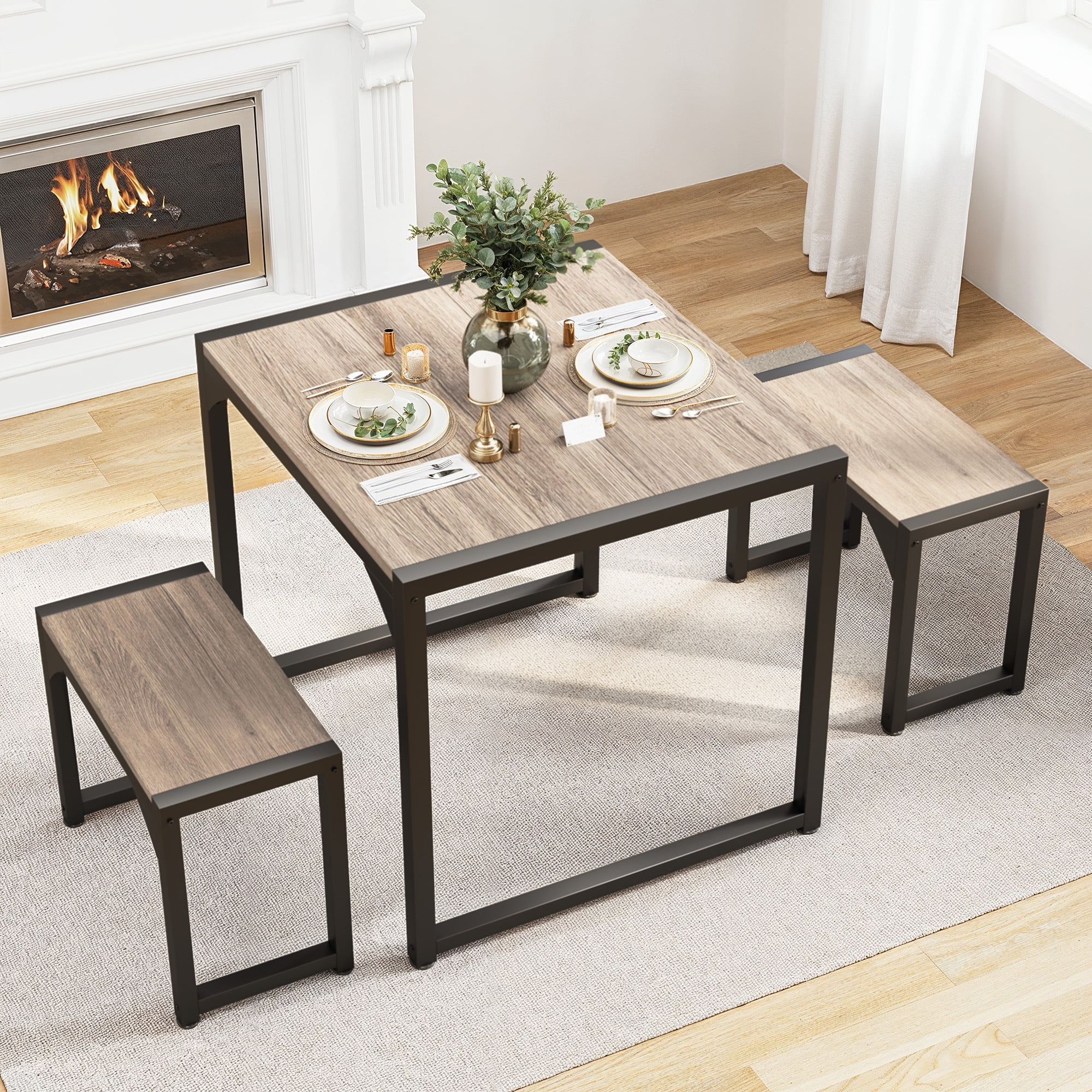 Kitchen Table, Lofka Dining Room Set with 2 Benches for Small Spaces
