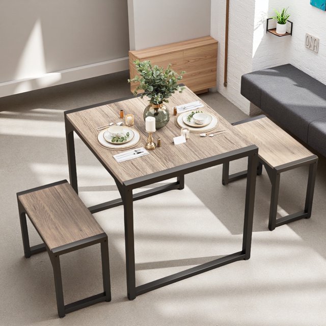 Kitchen Table, Lofka Dining Room Set with 2 Benches for Small Spaces, Gray