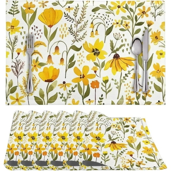Kitchen Table Mats Set of 6, Washable Wipeable Durable Insulation Placemat, Stain Scratch Resistant Table Placemat for Dinning Table Decor, Yellow Flowers