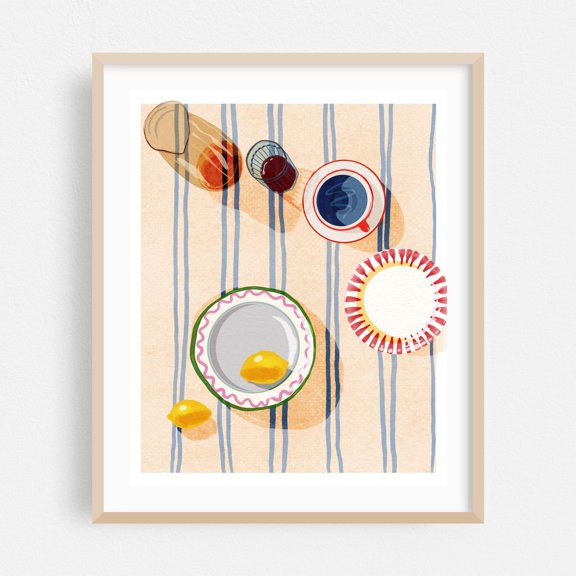 Kitchen Table Poster - Vintage Dining Art Print, Aesthetic Still Life Illustration for Trendy Room Decor - Illustration Modern Art Lemon Abstract Geometric Oak Framed Wall Art Print 6 x 8 inches