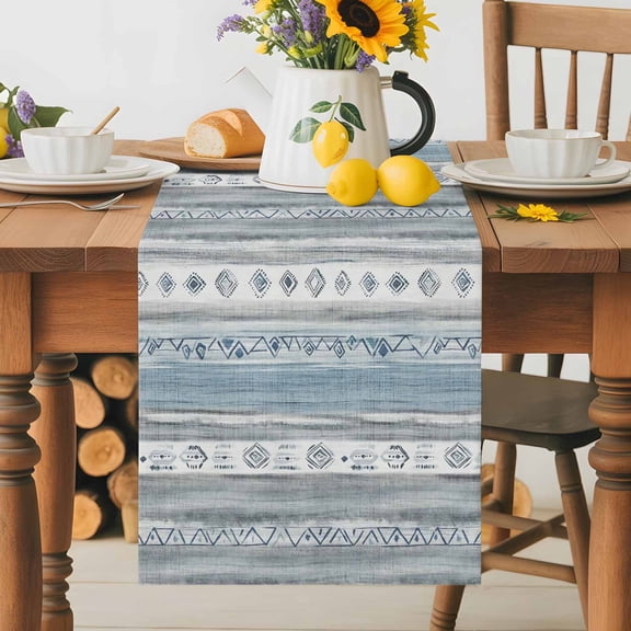 Kitchen Table Runner 36 Inches Long, Abstract Blue Gray Retro Texture Cotton Linen Table Runners for Dining Tables Home Holiday Party Wedding, Morocco Geometric Style Tabletop Scarf